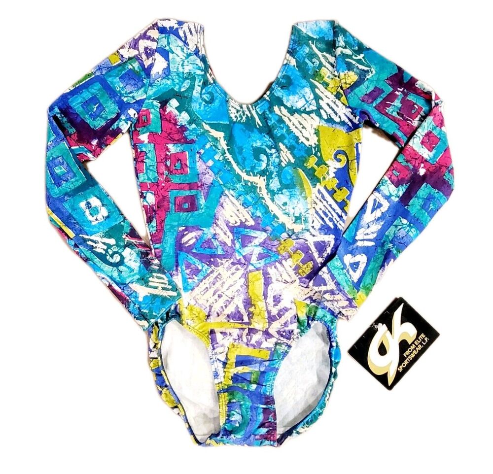GK Elite VTG 80s 90s Hip Hop Geometric LS Cotton Leotard Bodysuit Sz AS Adult S